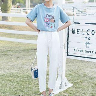 Short-sleeve Print T-shirt / Plain Straight Leg Pants / Set