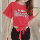Short-sleeve Lettering Tie-waist Cropped T-shirt