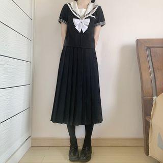 Set: Short-sleeve Sailor Collar Top + Pleated A-line Skirt + Bow Tie