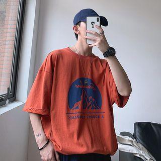 Mountain Print Elbow-sleeve T-shirt