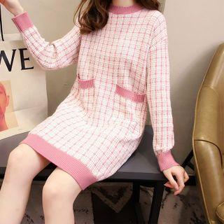 Long-sleeve Plaid Knit Midi Dress