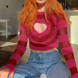 Heart Shape Cut-out Long Sleeve Striped Sweater