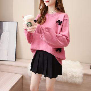 Set: Bow-accent Knit Top + Pleated Skirt