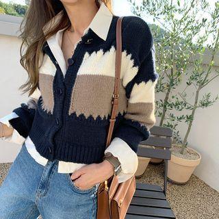 Drop-shoulder Color-block Cardigan Navy Blue - One Size