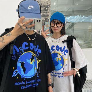 Elbow-sleeve Lettering Planet Print T-shirt