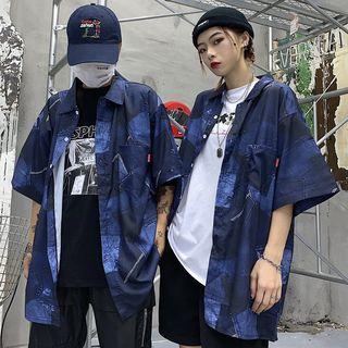 Elbow-sleeve Patterned Shirt Denim Blue - One Size