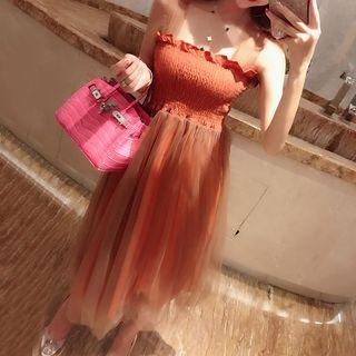 Frilled Strapless Midi Party Dress
