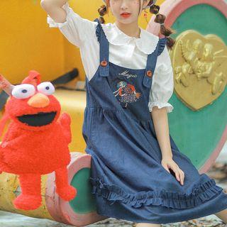 Peter-pan-collar Short-sleeve Blouse / Cartoon Embroidered Denim Jumper Dress