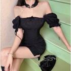 Puff-sleeve Cold-shoulder Mini Sheath Qipao Dress