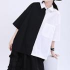 Elbow-sleeve Two Tone Shirt Black & White - One Size