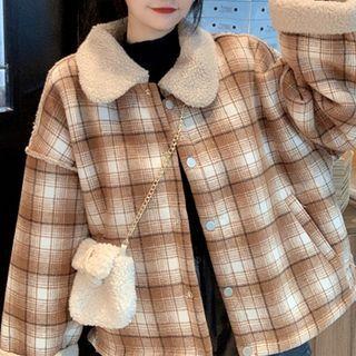 Plaid Fleece-lined Button-up Jacket Plaid - Brown - One Size