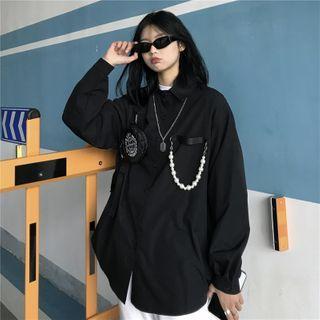 Long-sleeve Faux Pearl Shirt Black - One Size