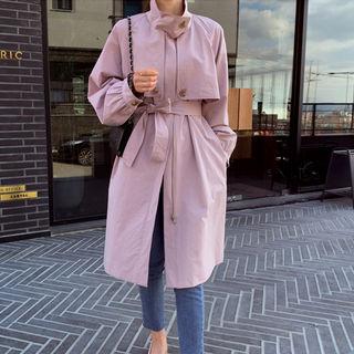 Flap-front Zip-up Trench Coat With Sash