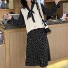 Dotted Long-sleeve A-line Dress / V-neck Knit Vest / Set