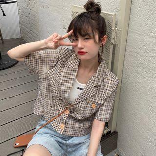 Short-sleeve Plaid Cropped Blazer Yellow & Blue - One Size
