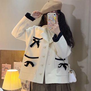 Contrast Trim Bow Cardigan White - One Size