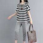 Set: Elbow-sleeve Striped Top + Cropped Pants