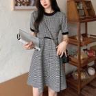 Short-sleeve Houndstooth Knit A-line Dress