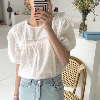 Lace Embroidered Lantern-sleeve Blouse White - One Size