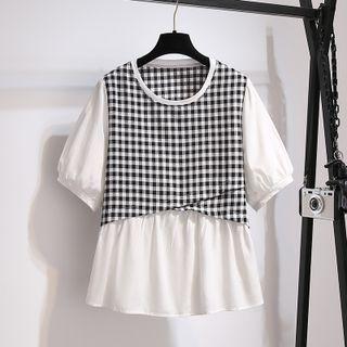Short-sleeve Round-neck Plaid Mock Two-piece Panel Top