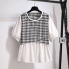 Short-sleeve Round-neck Plaid Mock Two-piece Panel Top