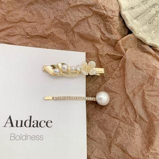 Faux Pearl Hair Pin / Rhinestone Flower Hair Clip Faux Pearl Flower Hair Clip - Gold - One Size