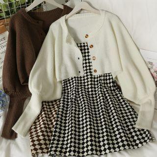 Set: Crew-neck Cardigan + Argyle Sleeveless Mini Dress