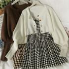 Set: Crew-neck Cardigan + Argyle Sleeveless Mini Dress