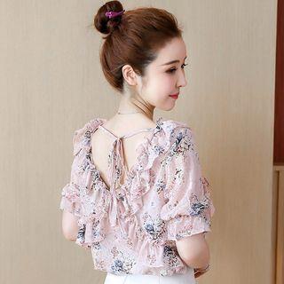 Flower Print Short-sleeve Ruffle Chiffon Blouse