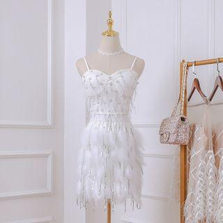 Faux Pearl Spaghetti Strap Mini Sheath Dress