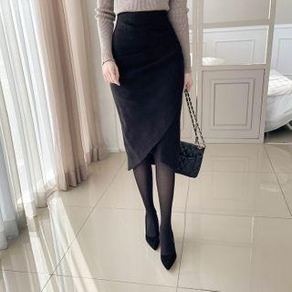 Wrap-front Shirred Midi Pencil Skirt