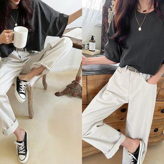 Elbow-sleeve Cropped T-shirt Charcoal Gray - One Size