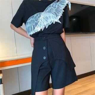 Lace Panel T-shirt/ High Waist Button Detail Shorts
