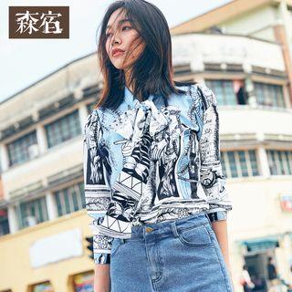Long-sleeve Printed Tie-neck Shirt