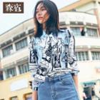 Long-sleeve Printed Tie-neck Shirt