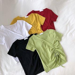 Plain V-neck Drawcord Slim-fit Short-sleeve Top