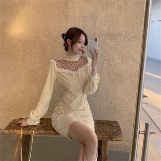 Long-sleeve Dotted Mesh Panel Lace Trim Mini Sheath Dress