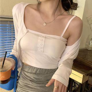 Set : Cropped Camisole Top + Long-sleeve Cropped Cardigan