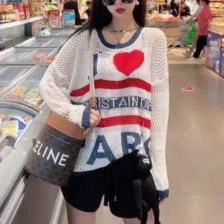 Lettering Pointelle Knit Sweater White - One Size