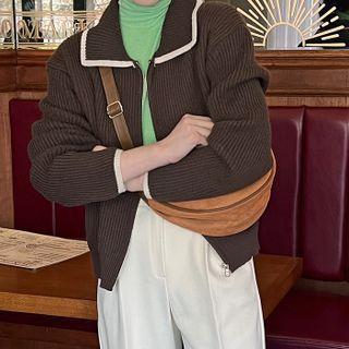 Collared Zipped Rib-knit Cardigan