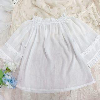 Glitter Elbow-sleeve Ruffle-trim Sheer Blouse White - One Size