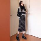 Long-sleeve Turtleneck Top / V-neck Knit Vest / Dotted Straight Fit Midi Skirt