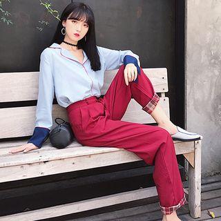Letter Embroidered Notch Lapel Shirt / Plaid Panel Slim Fit Pants