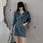 Denim Mini Pencil Skirt / Front Pocket Button Denim Jacket