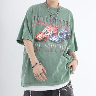 Short-sleeve Car Print Vintage T-shirt