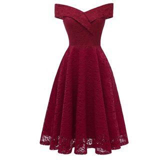 Short-sleeve Off Shoulder Lace A-line Party Dress
