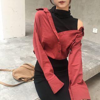 Mock-two Loose-fit Off-shoulder Long Sleeve Blouse