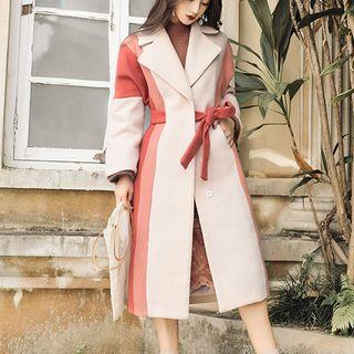 Color Panel Tie-waist Buttoned Long Coat