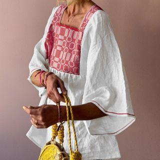 Elbow-sleeve Pattern Panel Blouse