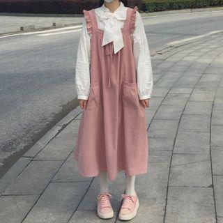 Long-sleeve Bow Frill Trim Blouse / A-line Midi Pinafore Dress
